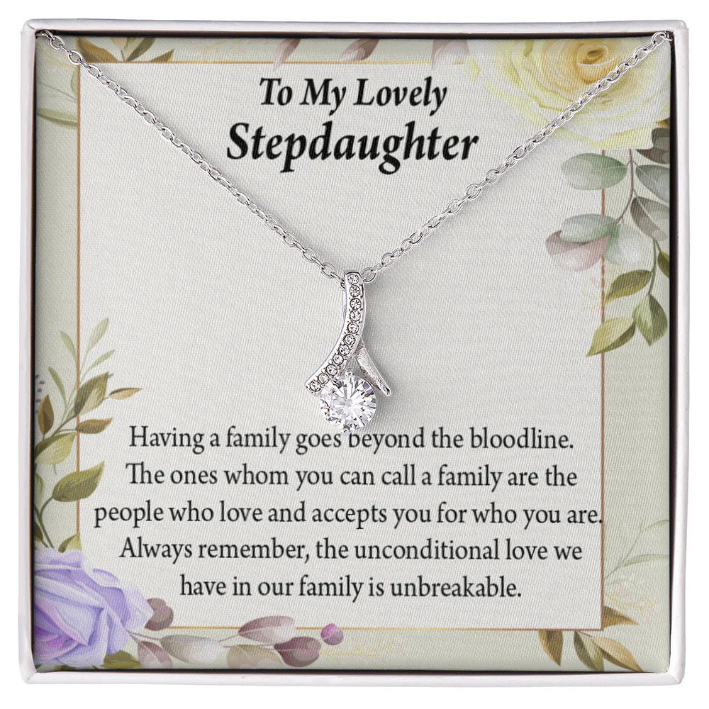 To My Stepdaughter Unbreakable Bond Ribbon Necklace Silver Tone Standard Box